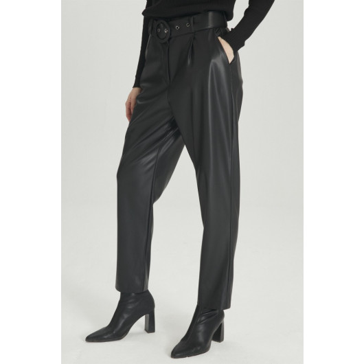 Belt Detailed Black Leather Trousers