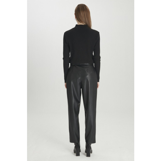 Belt Detailed Black Leather Trousers