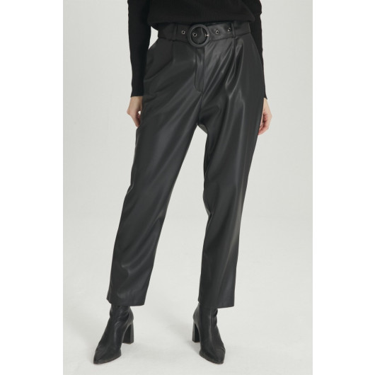 Belt Detailed Black Leather Trousers