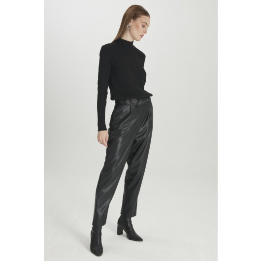 Belt Detailed Black Leather Trousers