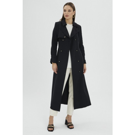 Belted And Sleeve Detailed Black Trench Coat
