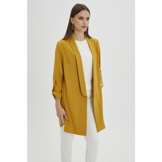 Sleeve Detailed Mustard Long Blazer Jacket