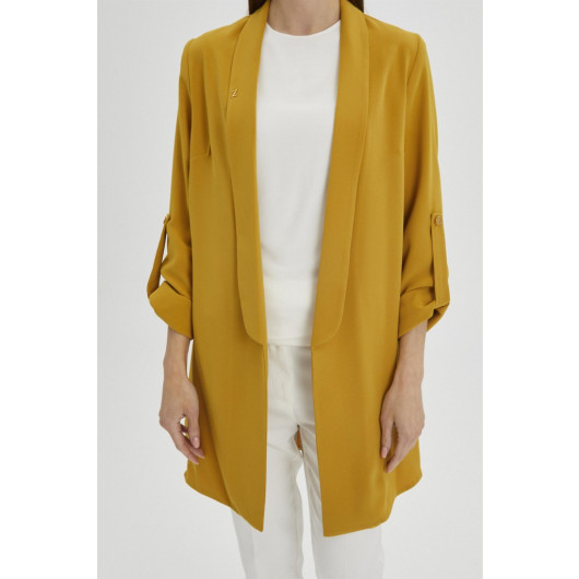 Sleeve Detailed Mustard Long Blazer Jacket