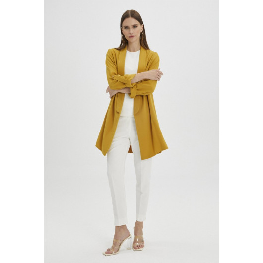 Sleeve Detailed Mustard Long Blazer Jacket