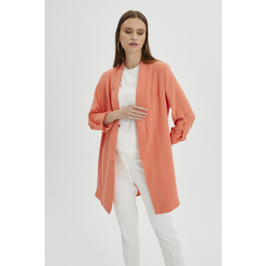 Sleeve Detailed Orange Long Blazer Jacket