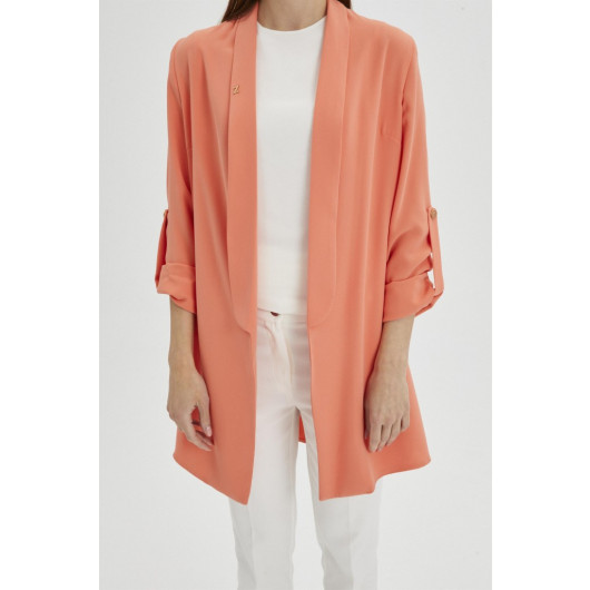 Sleeve Detailed Orange Long Blazer Jacket