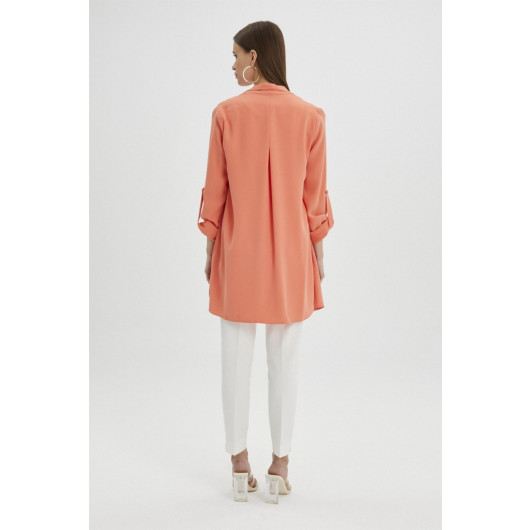 Sleeve Detailed Orange Long Blazer Jacket