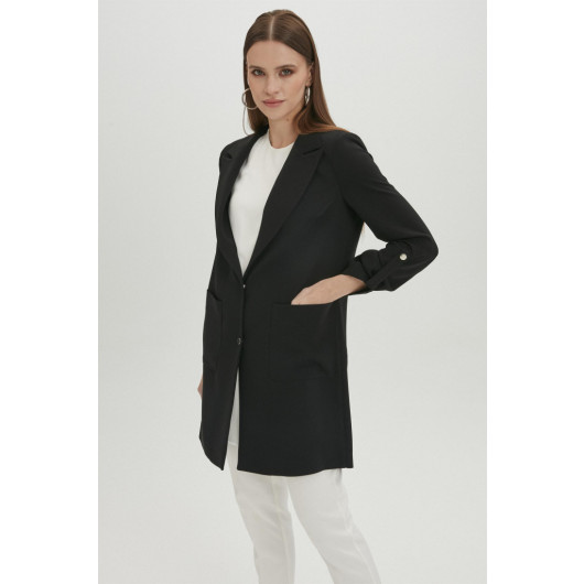 Double Breasted Collar Pocket Detailed Black Jacket