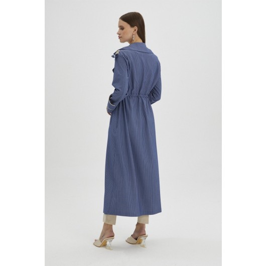 Double Breasted Collar Striped Indigo Trench Coat
