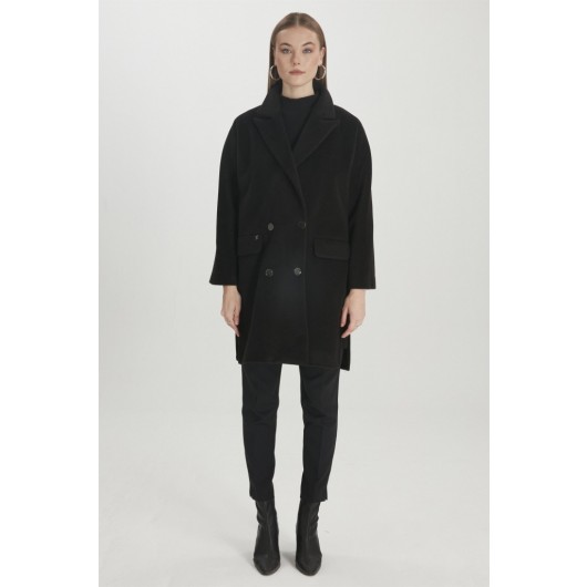 Double Breasted Collar Short Stamped Black Coat