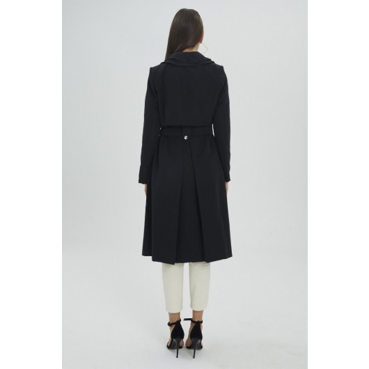 Double Breasted Collar And Belt Black Trench Coat