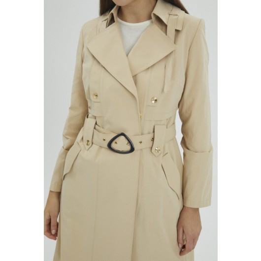 Double Breasted Collar And Belt Stone Trench Coat