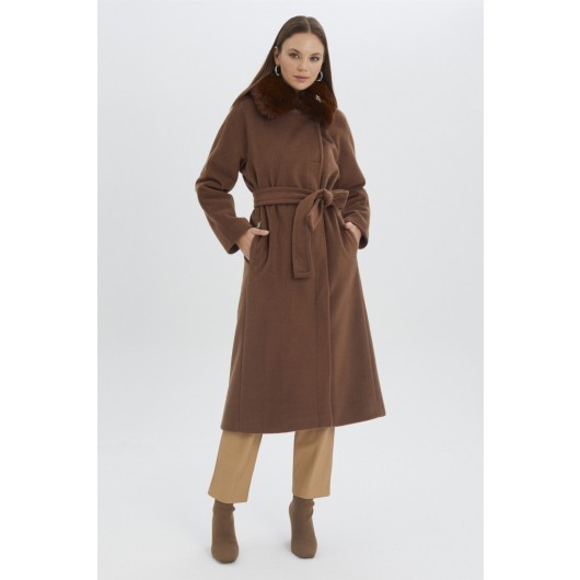Fur Collar Waist Belted Brown Coat