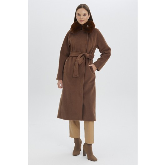 Fur Collar Waist Belted Brown Coat
