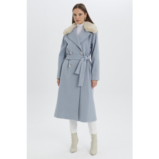 Fur Collar Waist Belted Blue Cachet Coat
