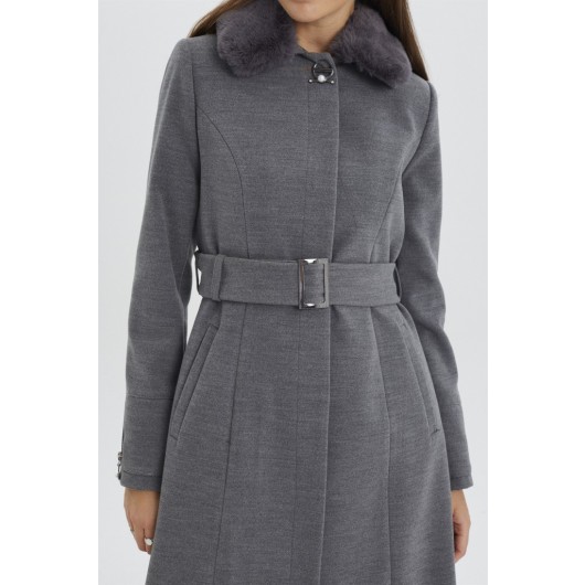 Fur Collar Belt Detailed Gray Long Coat