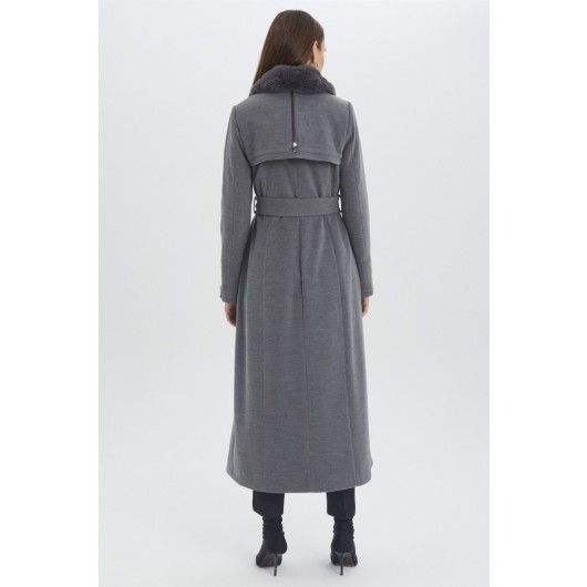 Fur Collar Belt Detailed Gray Long Coat