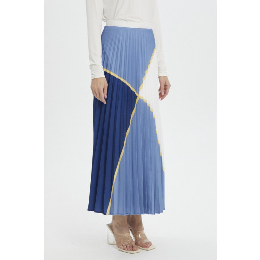 Pleated Color Block Long Skirt