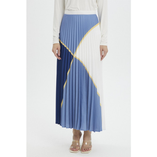 Pleated Color Block Long Skirt