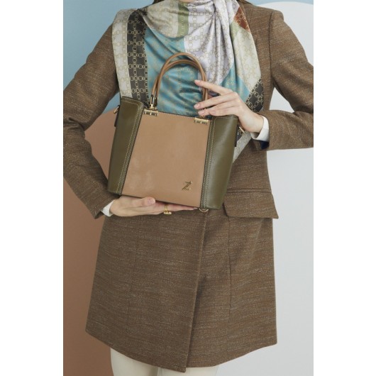 Color Block Hand And Shoulder Bag Khaki/Mink
