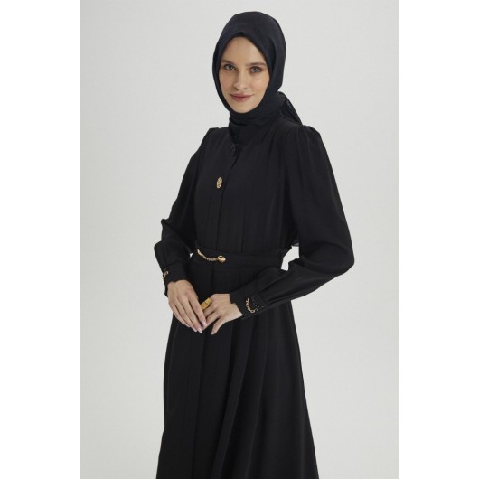 Chain Detailed Stand Up Collar Long Black Topcoat