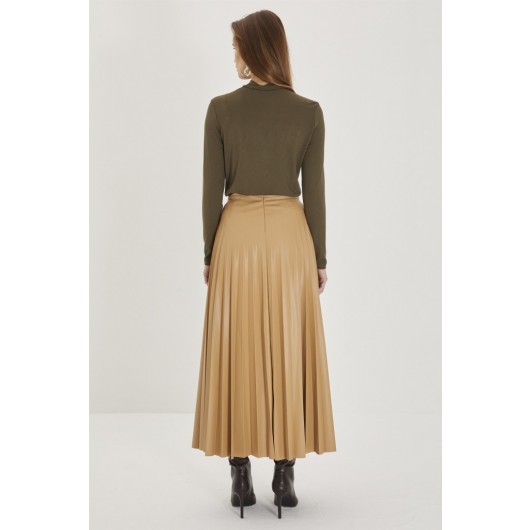Waist Chain Detail Pleated Leather Beige Skirt