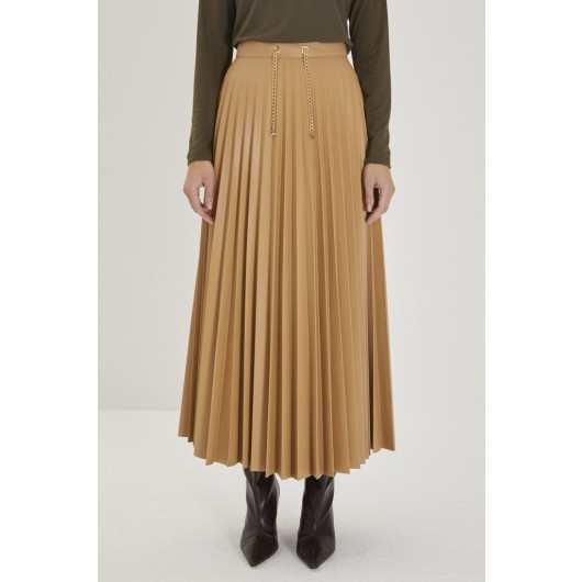 Waist Chain Detail Pleated Leather Beige Skirt