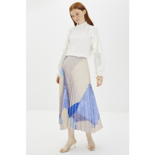 Patterned Pleated Long Skirt