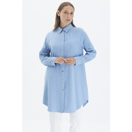 Shirt Collar And Sleeve Striped Blue Tunic