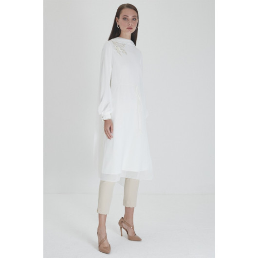 Embroidered Detailed Long Ecru Tunic
