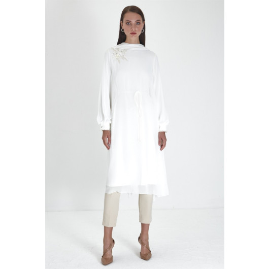 Embroidered Detailed Long Ecru Tunic