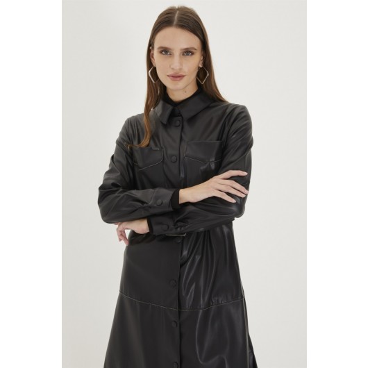 Belt Detailed Black Leather Coat