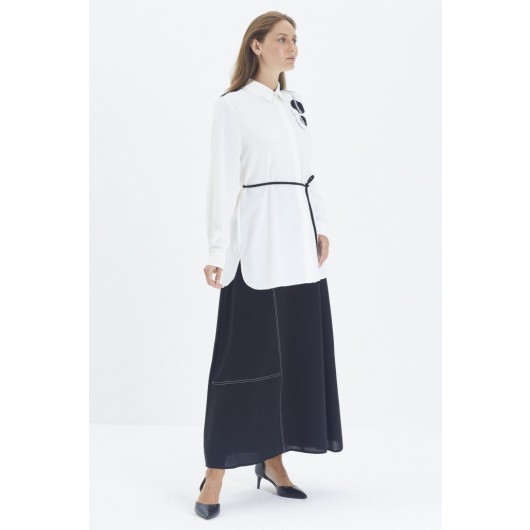 Stone Print Detailed Skirt Blouse Black Double Suit