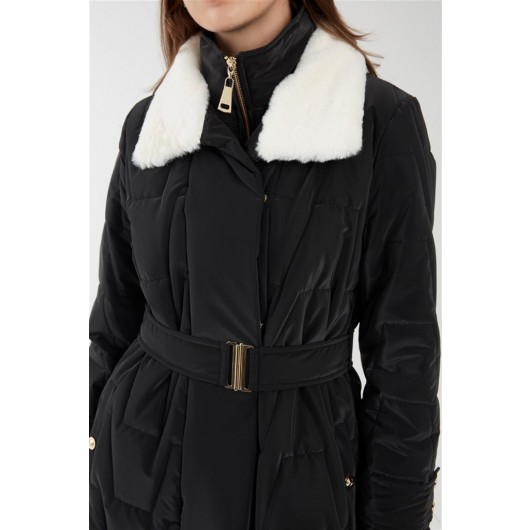 Collar Fur And Belt Detailed Black Inflatable Coat