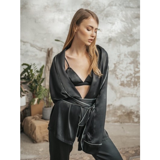 Pure Silk Pajama Set With Bra, Black Color