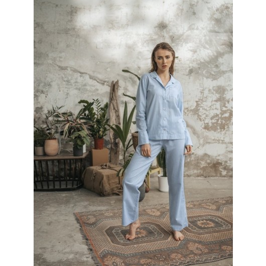 Blue Linen Pajama Set For Women
