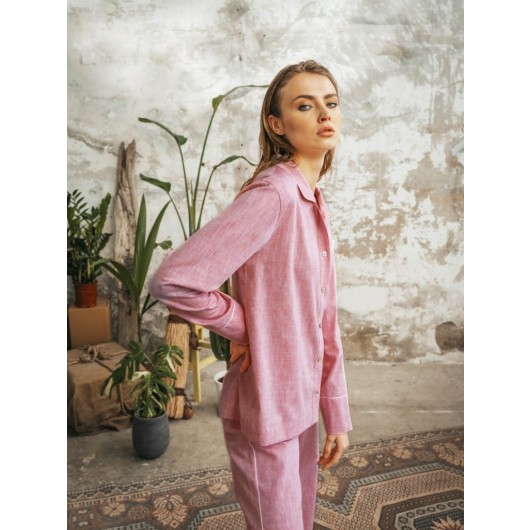 Pi̇nk Linen Pajama Set For Women