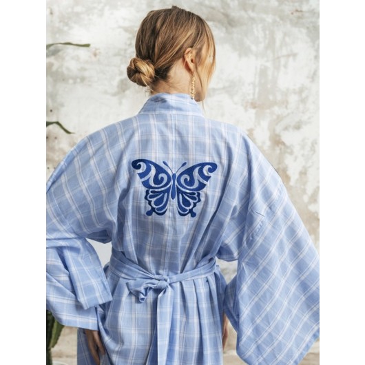 Blue Plaid Checkered Kimono For Women