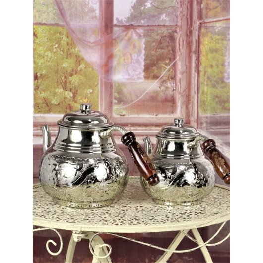 Family Size Floral Patterned Copper Teapot Set With Stove Ottoman