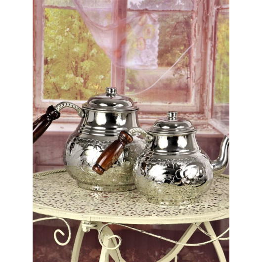 Family Size Floral Patterned Copper Teapot Set With Stove Ottoman