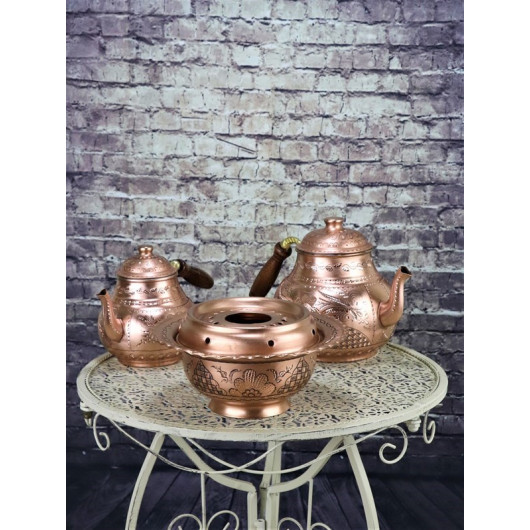 Antique Floral Embossed Copper Teapot Set With Ottoman Stove