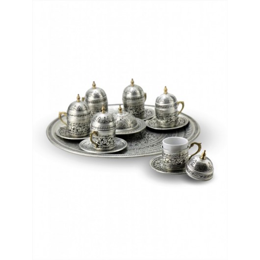 A Set Of Coffee Cups For 6 People, Made Of Copper Engraved With A Chisel, Ottoman Design
