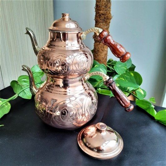 Turkish Red Copper Teapot Set Engraved With Heavy Chisel