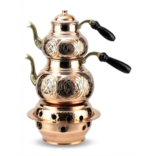 Turkish Copper Chisel Engraved Teapot Set + Chrome Ottoman Design Cup / Warmer Red Color