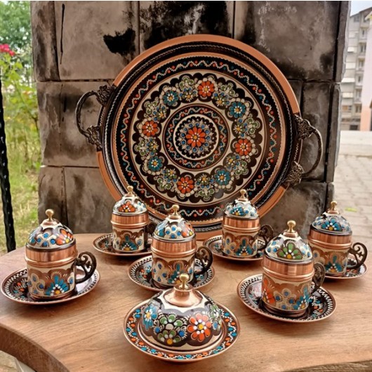 Flower Embroidered Copper Coffee Set