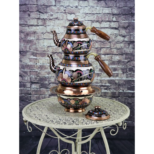 Copper Turkish Teapot Set + Cup/Heating Pot/Ottoman Stove With Rose Engraving