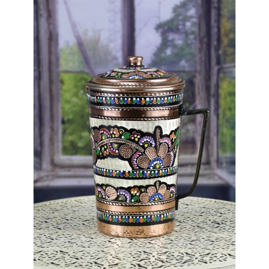 Copper Pitcher With Floral Patterned Lid