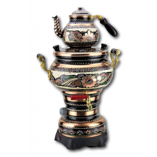 Teapot + Turkish Electric Samovar With Thermostat In Copper With Rose Pattern