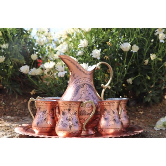 Set Of Cups, Jugs, And Trays Made Of Copper, With A Floral Pattern And An Antique Pattern