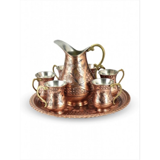 Copper Drinks Set With Roses Engraving, Antique Design